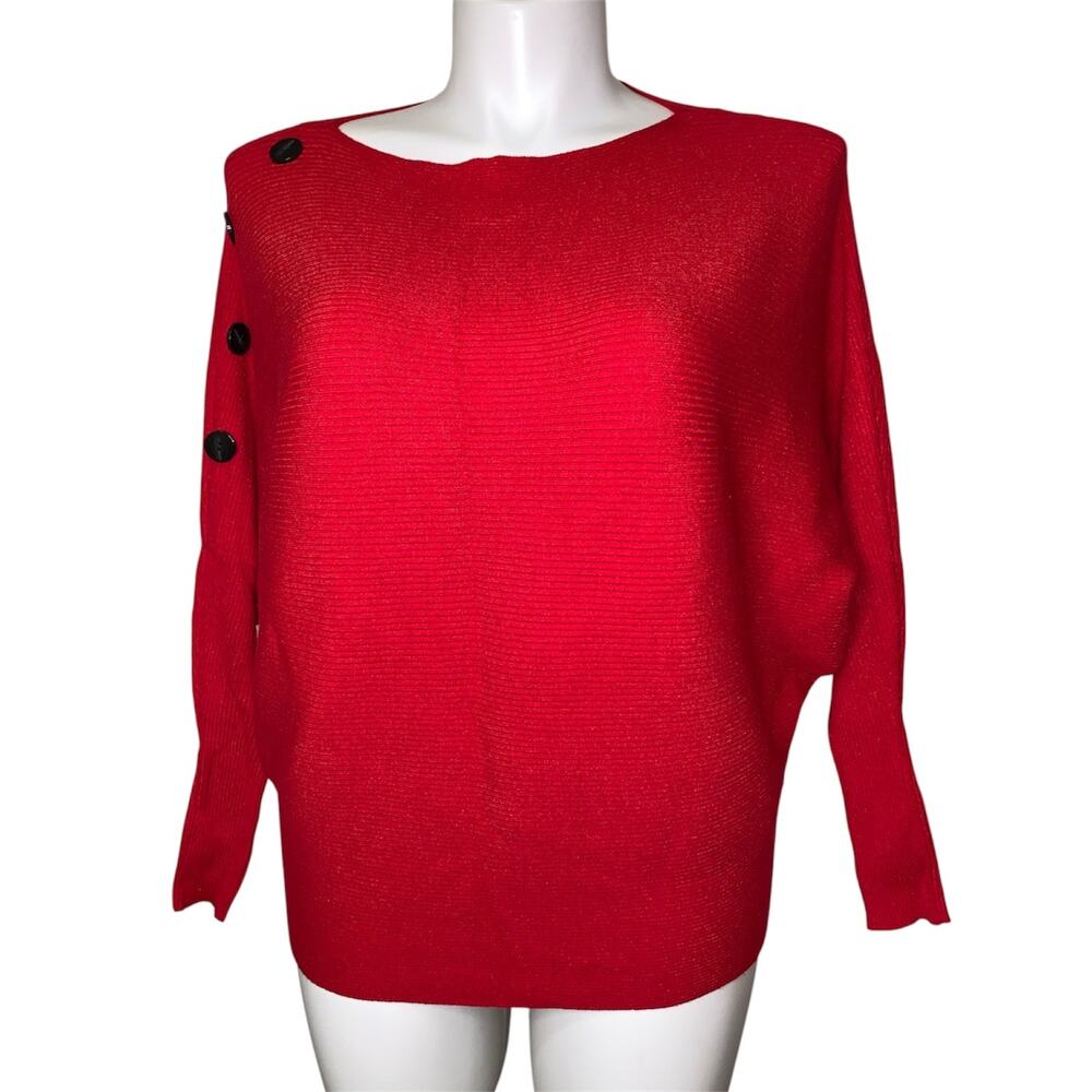 Greige Red Ribbed Knit Batwing Sweater Black Button Shoulder Dolman Top Size M